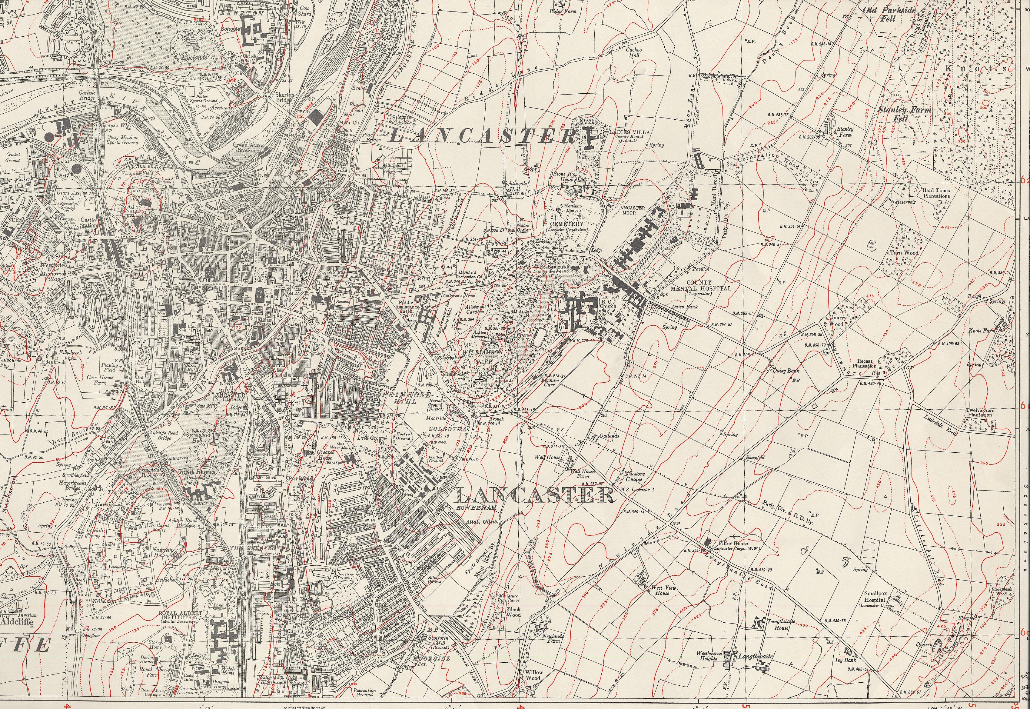 OLD ORDNANCE SURVEY MAP LANCASTER SOUTH 1910 ABERDEEN ROAD ROYAL ALBERT ASYLUM 